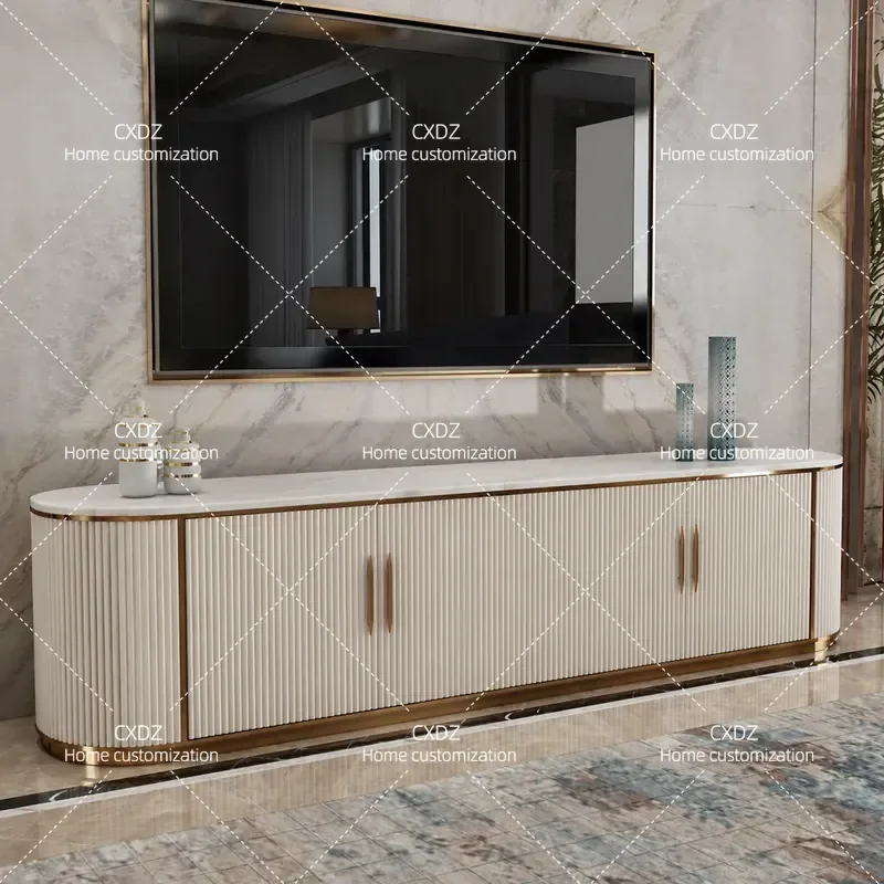 Postmodern Light Luxury TV Cabinet Marble Stainless Steel Gold Plated Floor Standing Audio Visual Storage Unit for Living