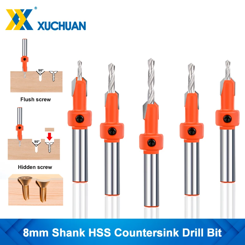 

XUCHUAN 8mm Shank HSS Woodworking Countersink Drill Bit HSS Screw CutterTungsten Counterbore End Mill for Wood Milling Cutter