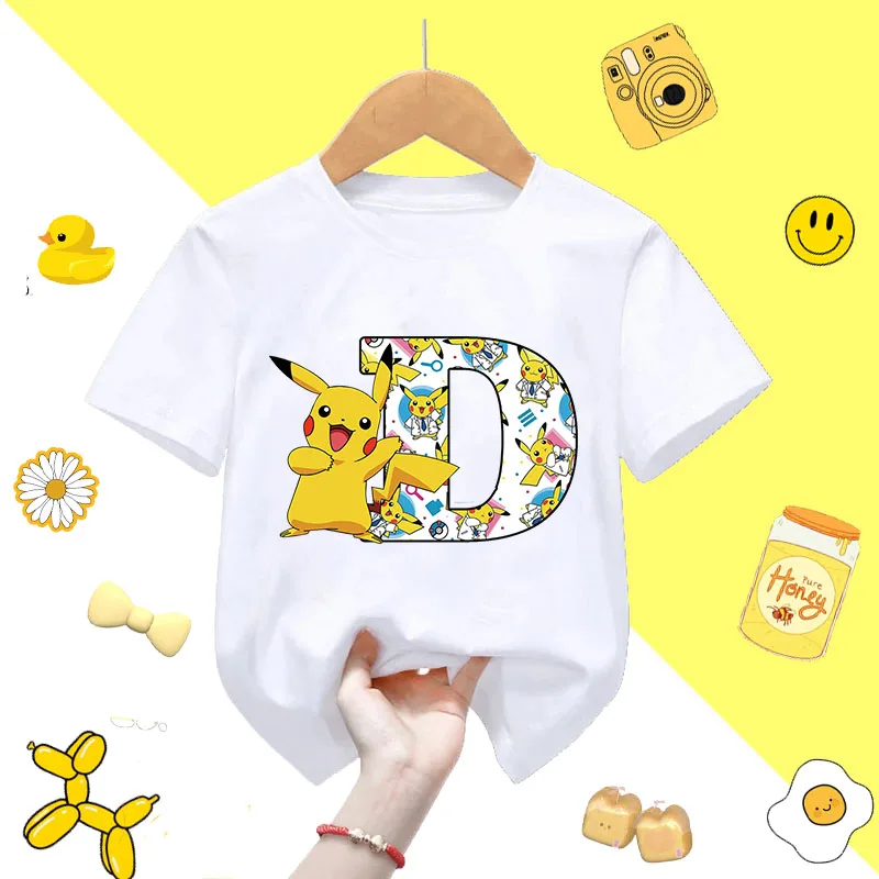 البوكيمون بيكاتشو قصيرة الأكمام تيشيرت صيفي بلايز القطن المحملة أنيمي A-Z رسائل مطبوعة ملابس لطيف الأطفال ملابس كاجوال هدية #5