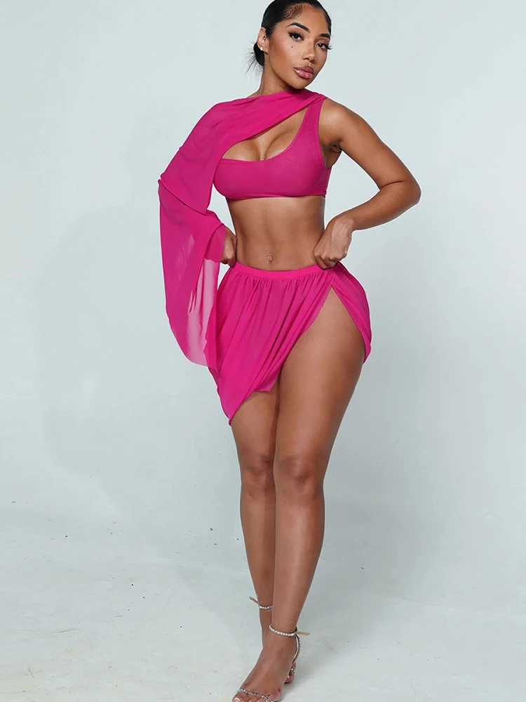 

Macheda Sexy See Through 2 Piece Set Women Irregular One Sleeve Navel Exposed Tops+Ruched Splits Skirts Midnight Club Party Suit