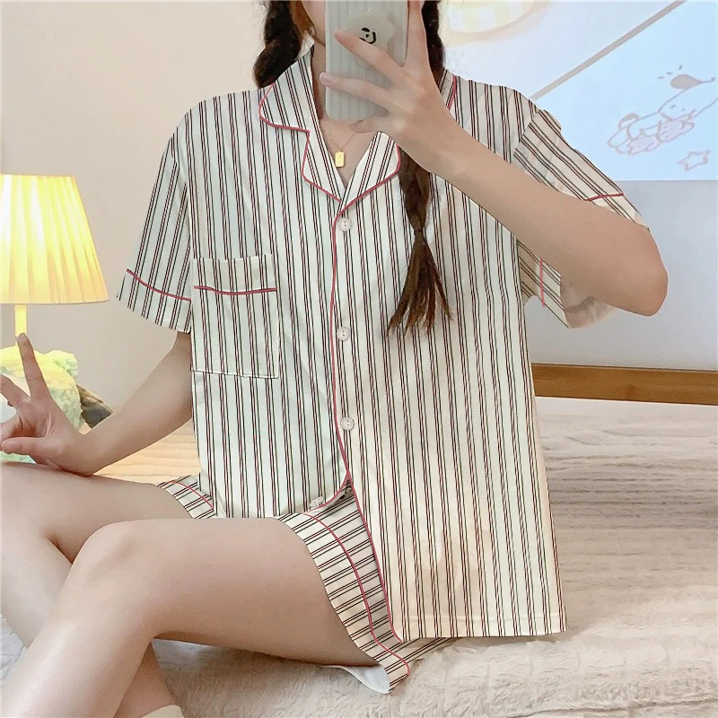 Japan & Korean Harajuku Simple Style Women\'s 3pcs Pajamas Striped Fashion Ins Milk Silk Sleepwear 2024 New Autumn Home Nightgown