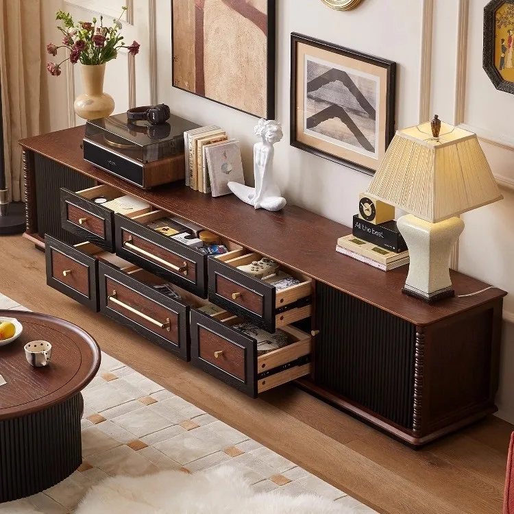 خزانة تلفزيون من الخشب الصلب الفرنسي، خزانة أرضية منزلية لغرفة المعيشة مع تخزين بأدراج، شقة صغيرة للتخزين الصوتي #3