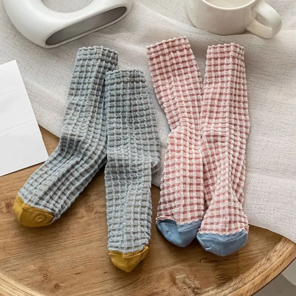 

5Pairs Sweet Patchwork Checkered Cotton Socks Elastic Breathable Women Tube Sock Antiskid Middle Tube Grids Socks Slippers