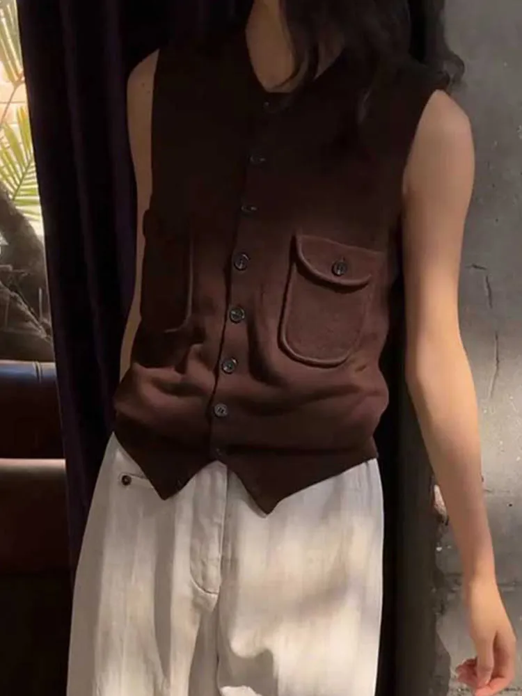 

Повседневный вязаный однотонный круглый жилет без рукавов, морской открытый кардиган, дизайн, многослойный топ, женская мода