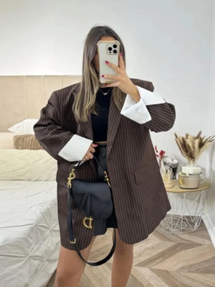 ファッションカジュアルストライプブレザーコート女性用ルーズ長袖ポケットショルダーパッドシングルブレストスーツアウターウェア2025新作秋