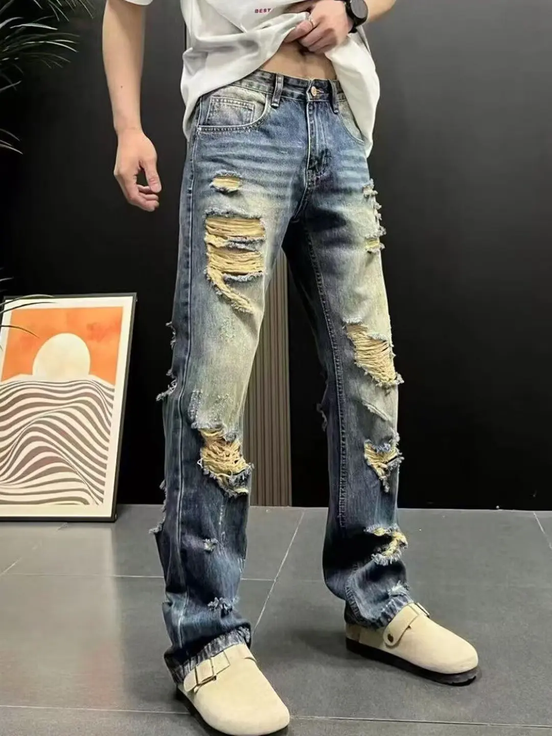 

American Retro Washed Men's Jeans Summer Loose Straight Tube Trendy Design Sense Pants Wear Resistant Non-stretch Straight Leg