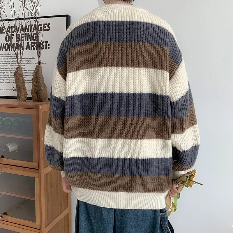 Мужские полосатые свитера с круглым вырезом, вязаные пуловеры, осень-зима 2021, свободные теплые винтажные трикотажные изделия для пар, мягкие топы с длинными рукавами