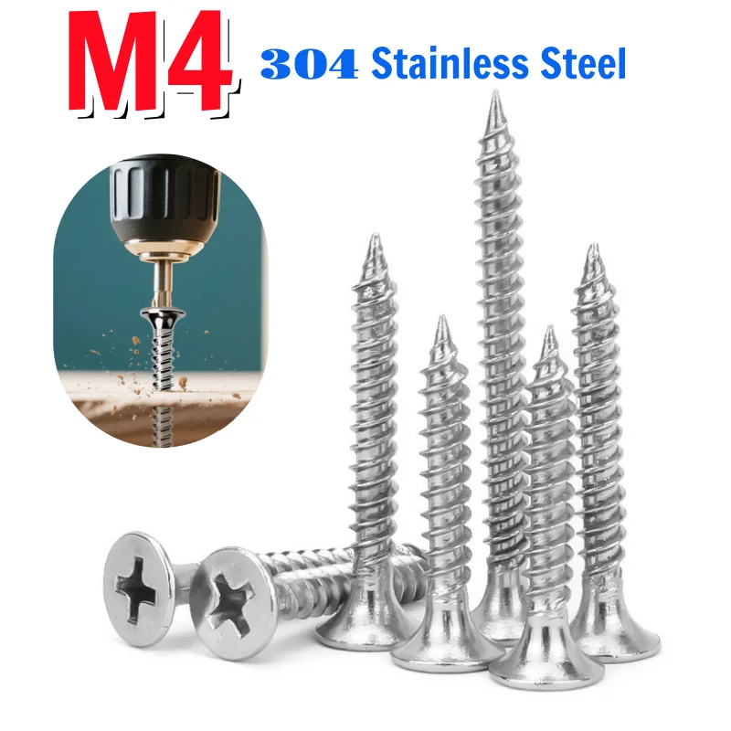 M4 Dry Wall Wood Screws 304 Stainless Steel Cross Countersunk Head Quick Self Tapping Screws Length 15-70mm