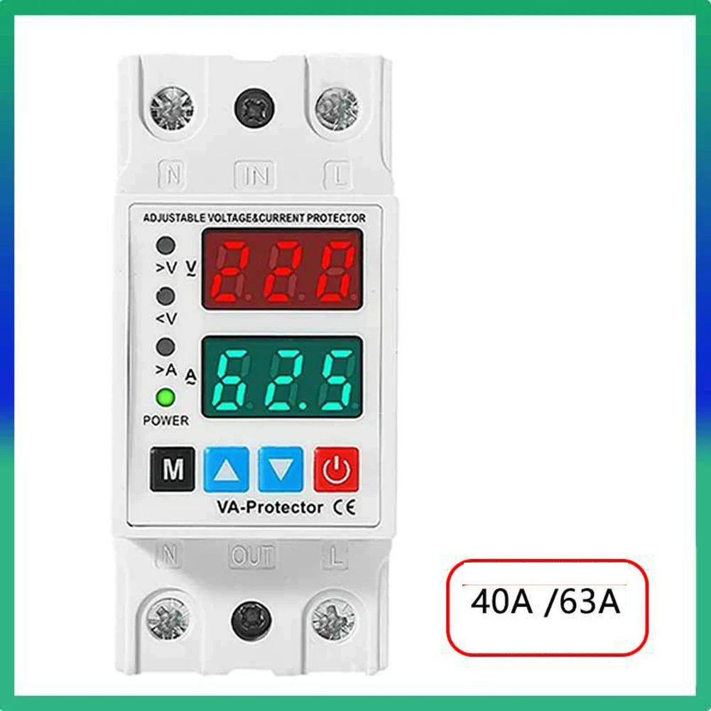 Adjustable Voltage Protector AC 230V 40A/63A With Dual LCD Display, Over Under Current Protection Auto Recloser For DIN Rail