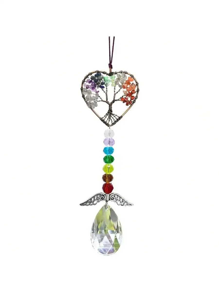 

Heart Shape Tree Of Life Crystal Car Hanging With Wings 7 Chakras Decor