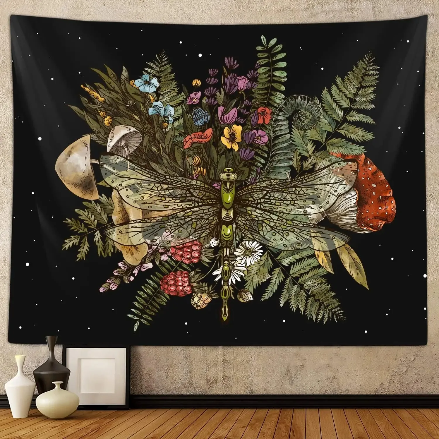 Living Room Decor Bohemian Mushroom Dragonfly Tapestry Bedroom Aesthetic Retro Plants Plant Art Tapestry Dormitory view 5