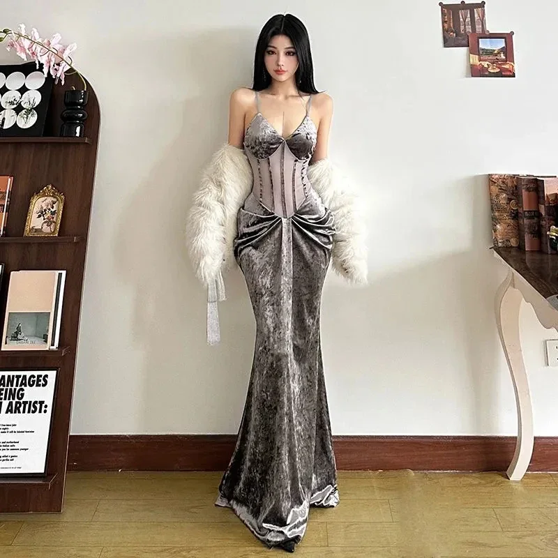 Fashion Velvet Women Camis Dress Y2K Sexy Slim Spaghetti Straps All Match Midi Dress Korean Chic Pleats Party Club Long Dress
