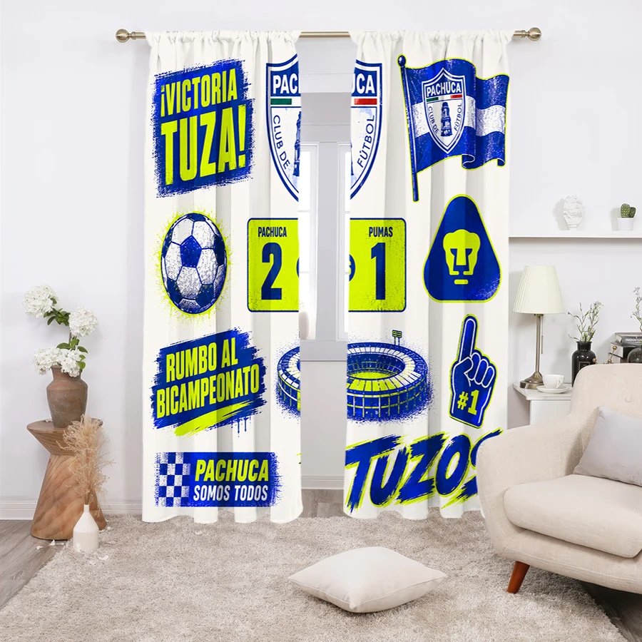 2 Cortinas con Estampado Vintage del Equipo de Fútbol Pachuca, con Emblema del Club, Bandera del Equipo, Balón de Fútbol, Puntuación del Partido y Estadio