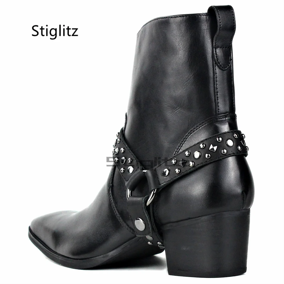 

Мужские ботинки челси из натуральной кожи с заклепками и пряжками, на высоком каблуке, с острым носком, на молнии сбоку, свадебные туфли