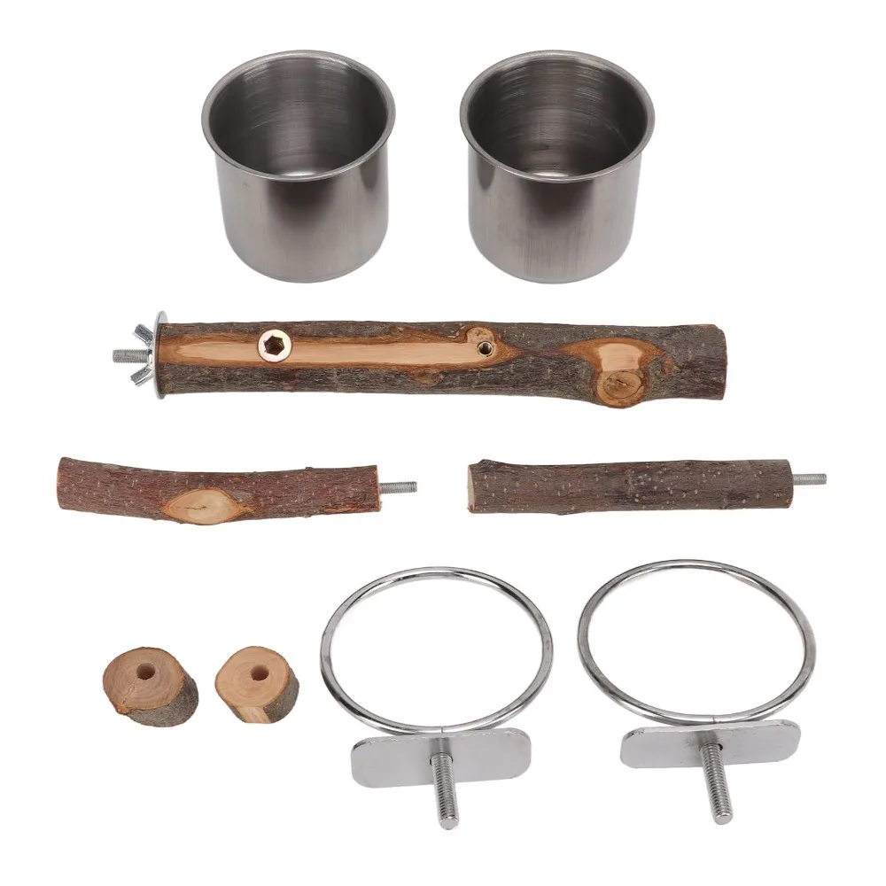 Stainless Steel Parrot Wood Stand Combination Set Food Water Bowl Wooden Bird Perch Wooden Perch Stand Bird Feeding Bowl