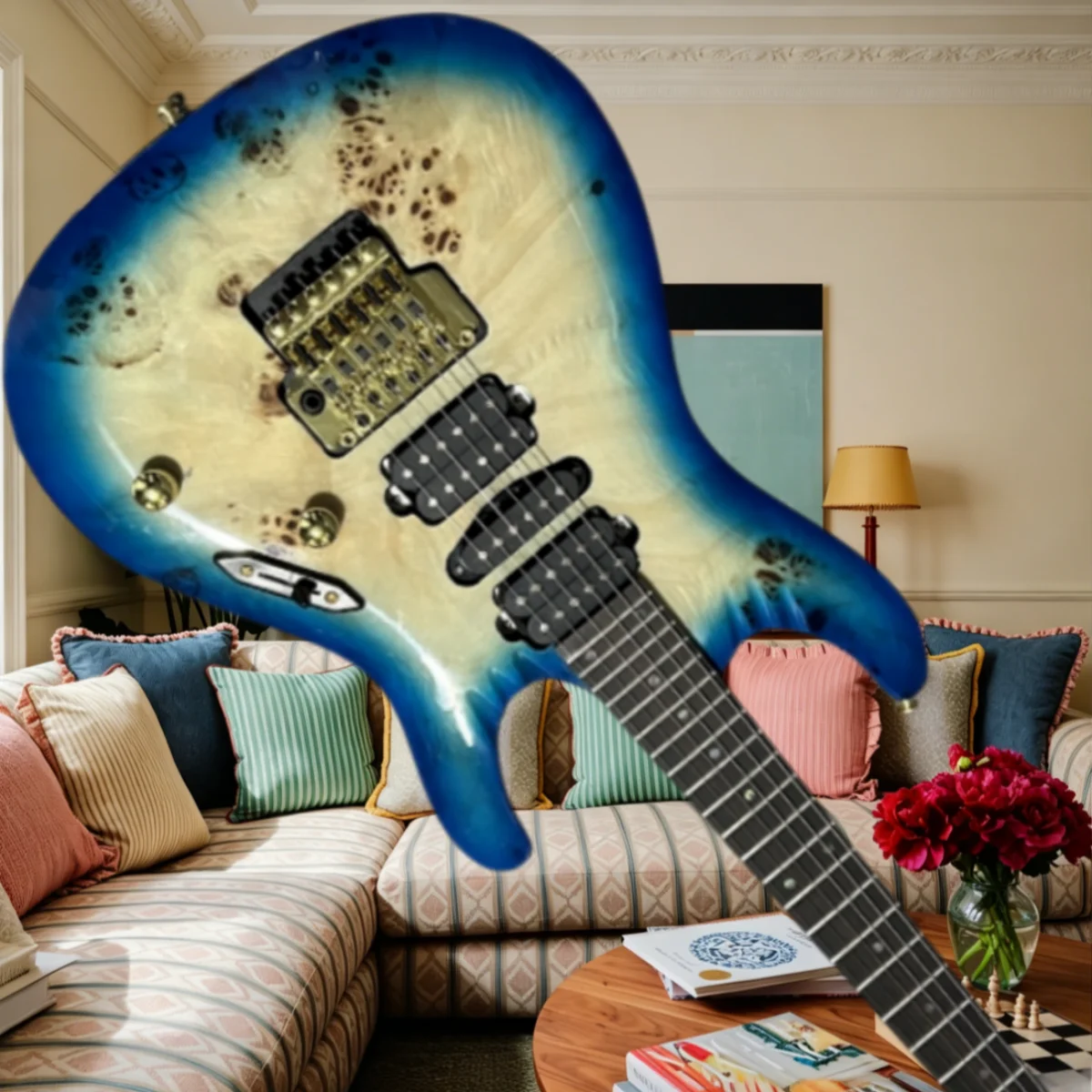 Deutsches Lager, exquisite Handwerkskunst, blaue Retro-Gitarre mit Punkten, Palisander, glatter Hals, HH-Tonabnehmer, verstellbare Brücke, kunstvolle Details, anhaltende Harmonien
