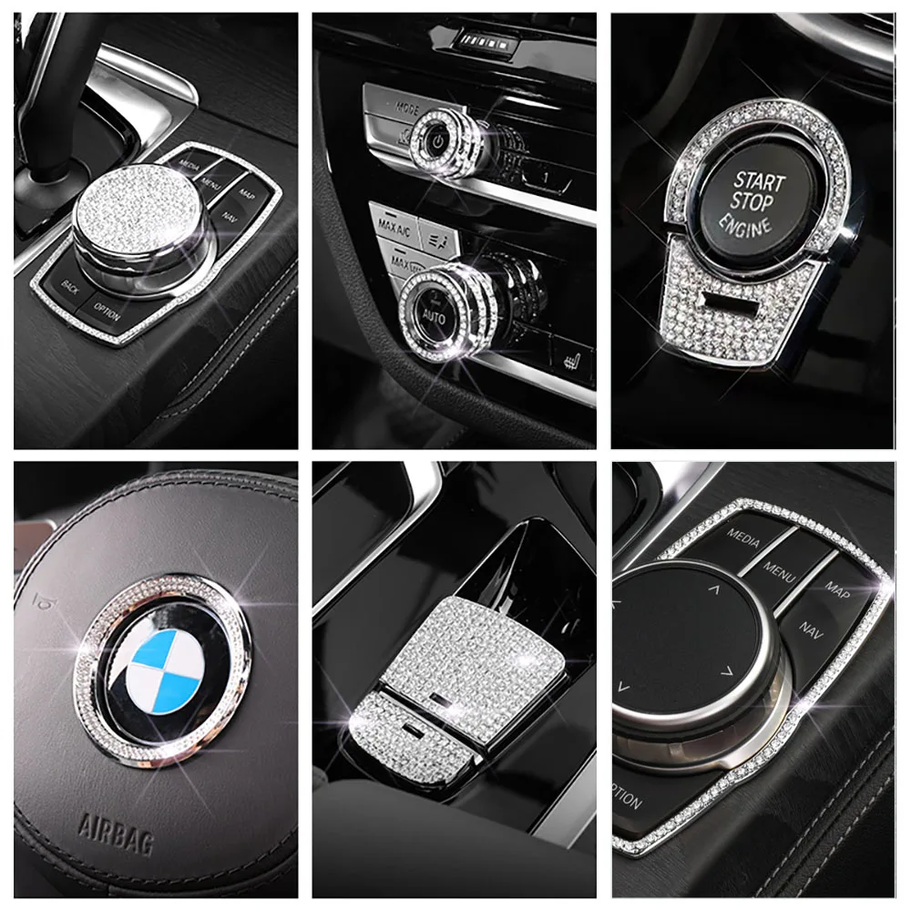 Diamond Steering Wheel Start Button Media iDrive AC Volume Knob Metal Crystal Sticker Accessories for BMW 5 X3 X4 Series