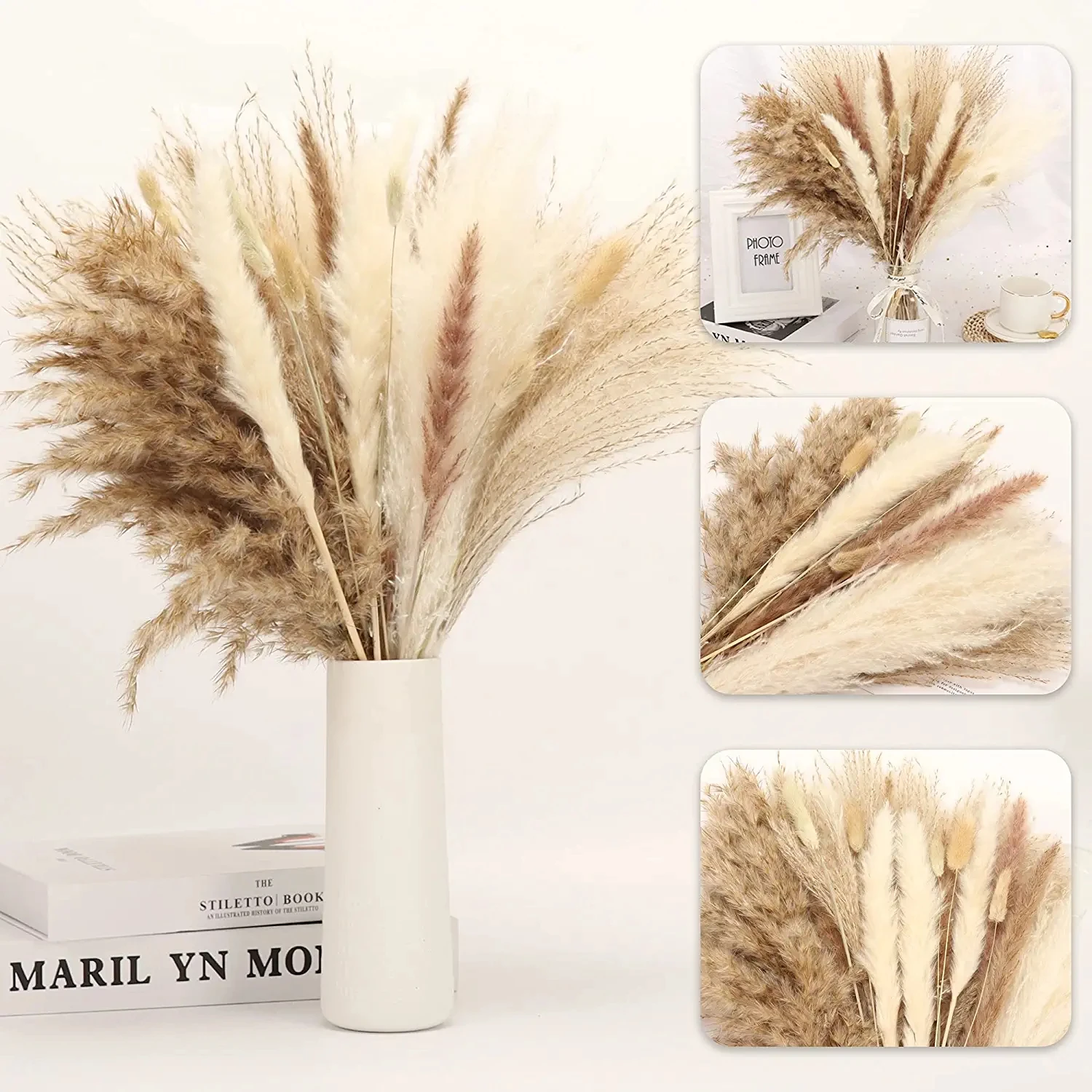 

65Pcs/lot Cream Pampas Grass Fluffy Room Phragmites Decoration Natural Bunny Tail Grass Dried Flowers Bouquet Boho Home Decor