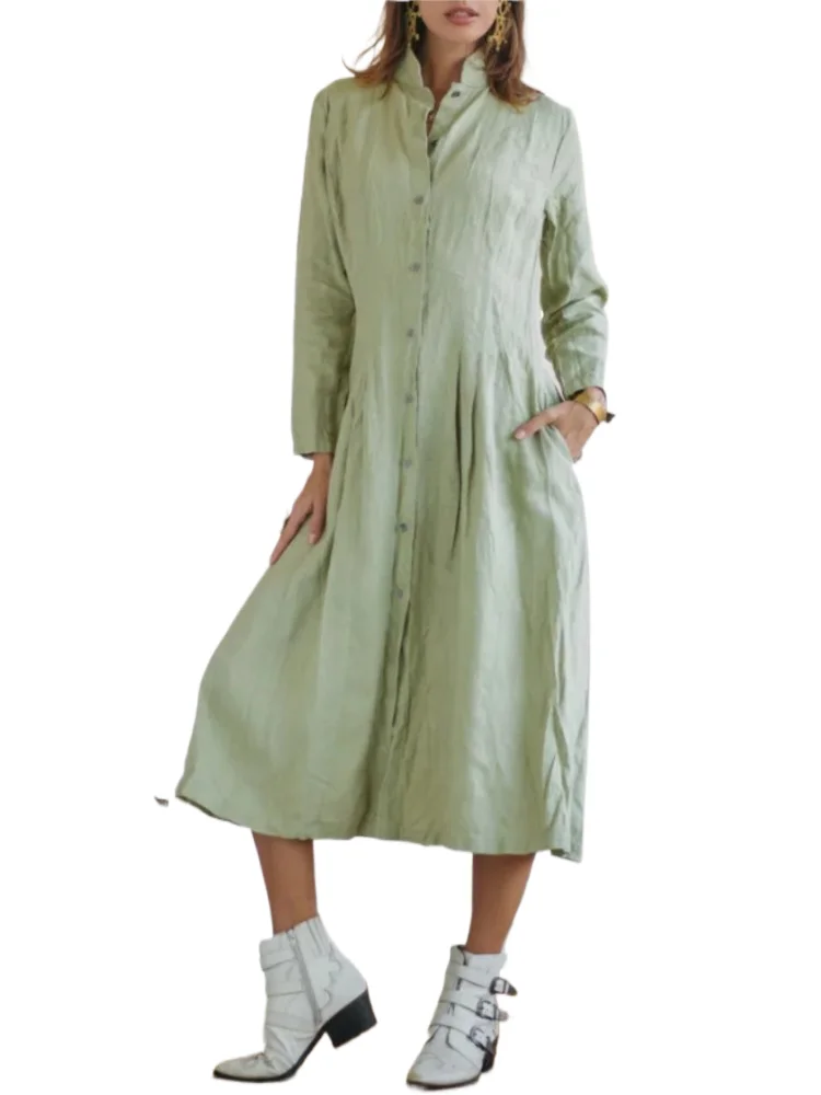 

New Cotton Linen Long Irregular Dress Shirt Collar Button Casual Dress Spring Autumn Fashion Elegant Casual Loose Party Dresses
