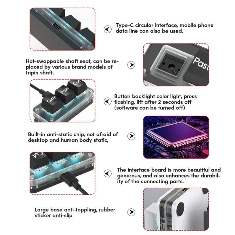 Mini Keyboard Macropad 3 Keys Customizable RGB Backlighting Switches Programming Dropship