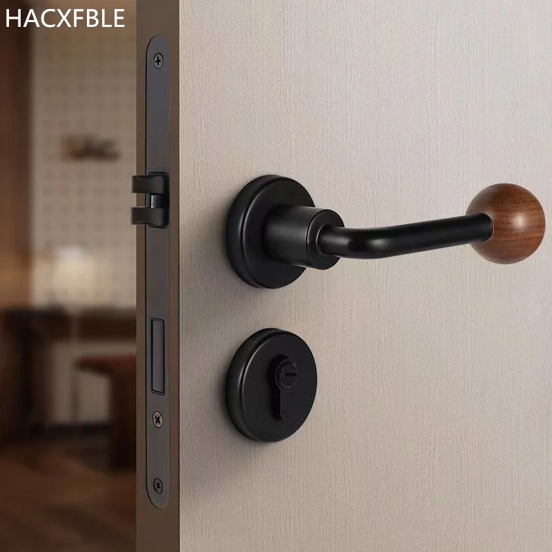 Serrature per porte interne in legno massello di noce Camera da letto minimalista Serratura silenziosa divisa Serrature per porte con maniglia meccanica in lega di zinco con chiave