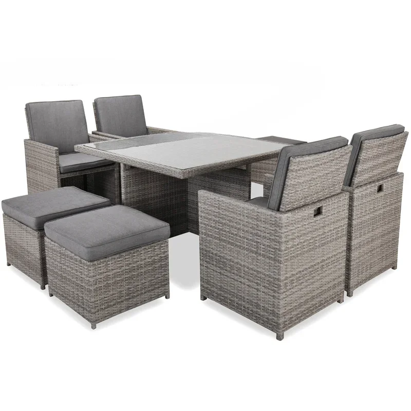 Space Saving 9Pcs Rattan Cube Dinging Table And Chairs Outdoor Patio Furniture Garden Set For Restaurant