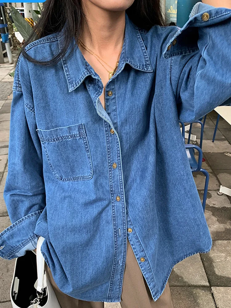 Vintage Denim Shirts Coats Women Spring Autumn Korean Style Loose Turn-down Collar Single Breasted Tops Casual Thin Jackets