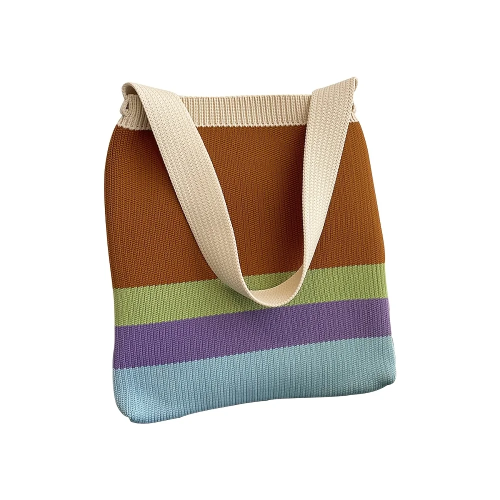 Neue Regenbogenfarbene Stricktasche im koreanischen Stil, einfache und vielseitige gestreifte Handtasche, Schultertasche, große Kapazität, Damentasche – Detail 5