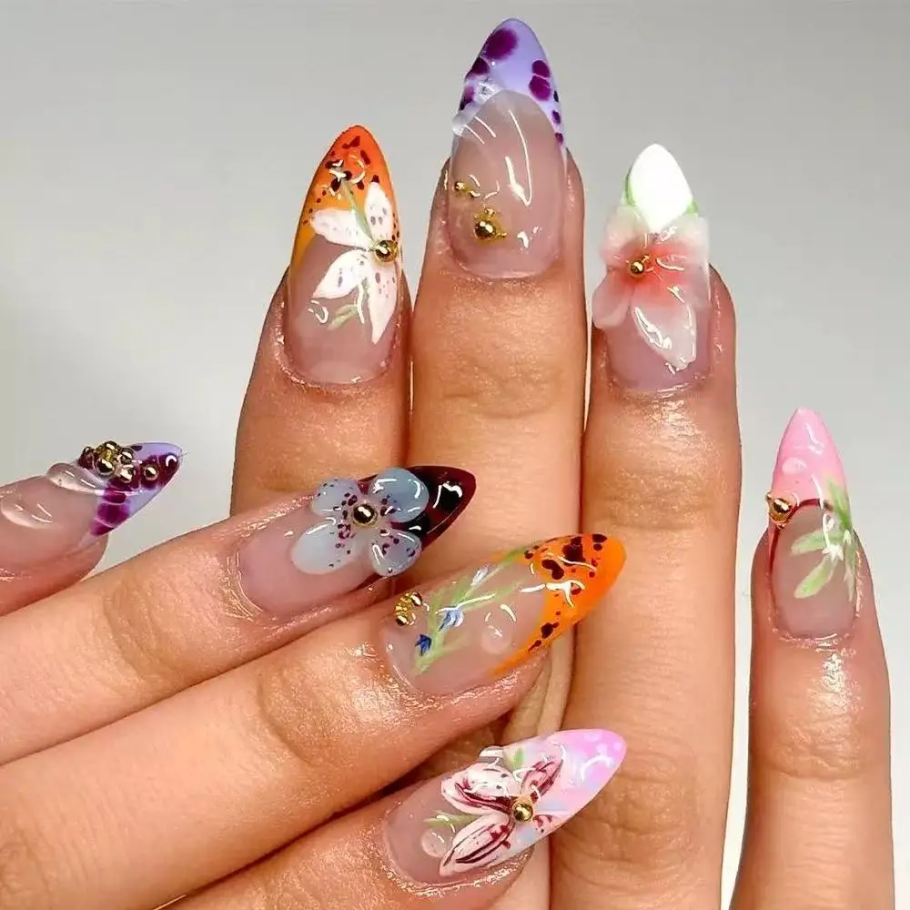 24pcs 3D Gel Nail Stickers Relief Point Drill Flower Wearing Nail Art Romantic Almond Nail Short Size Perfect Fit Press On Nails