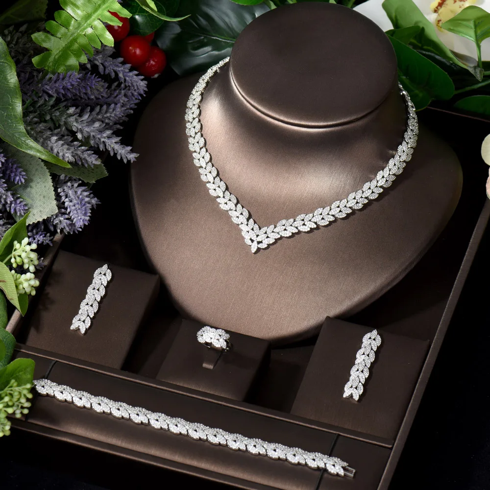 

HIBRIDE Clear AAA CZ Leaf Design Necklace Earring Bracelet and Ring Sets, Women Bridal Wedding Party Jewelry Accessories N-1245