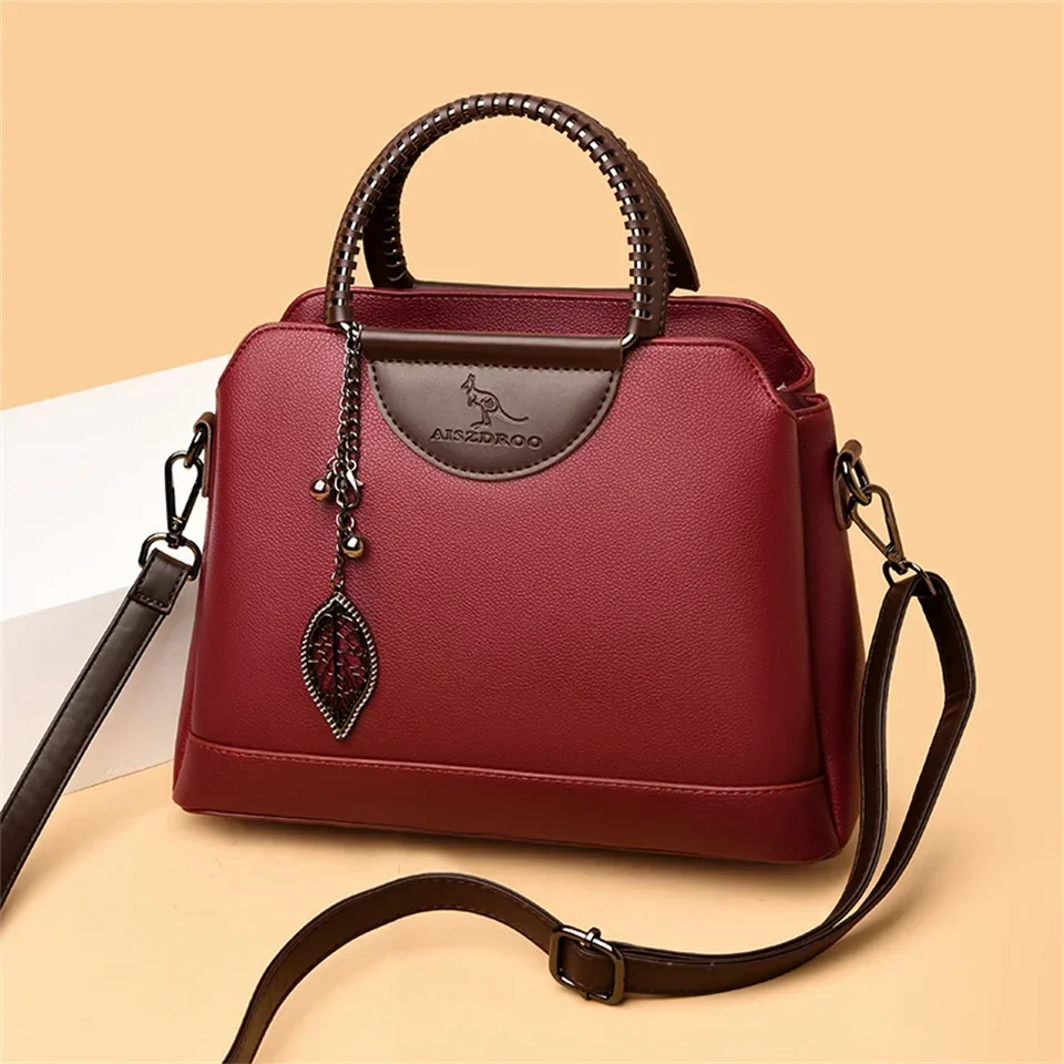 Elegant Two-Tone Leather Handbag for Women Top Handle Adjustable Shoulder Strap Luxury Fashion Purse with Leaf Pendant