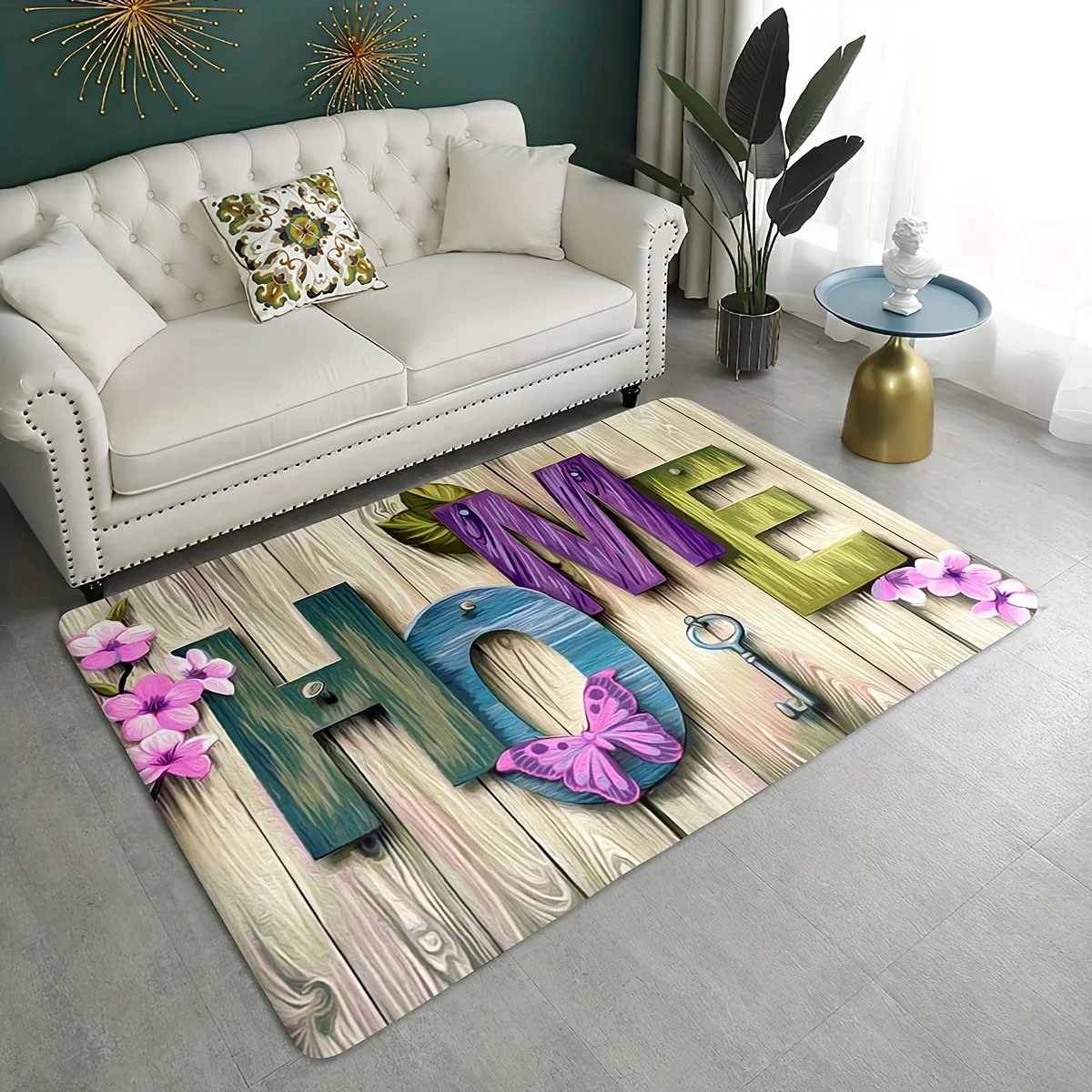 Rustic HOME Print Floor Mat with Wood Texture, Floral Design  Doormat for Kitchen Entryway, Machine Washable Non-Slip Decor Rug