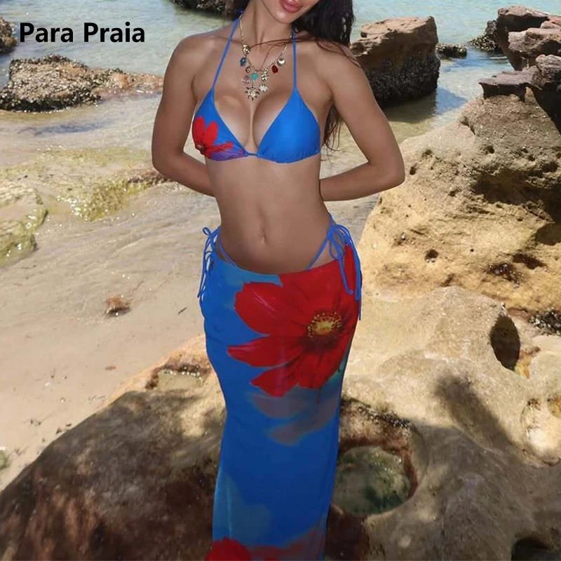 

Para Praia комплект бикини из 3 предметов с принтом и длинной юбкой, купальник 2025, женский сексуальный купальник с лямкой на шее, пляжный купальный костюм