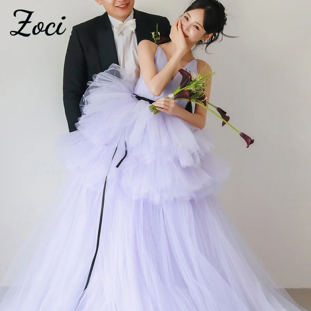 

Zoci Purple Fairy Tulle Wedding Dresses V-Neck Spaghetti Straps Bridal Gown Customized Tiered Pleat Princess Gown Photo Shoot