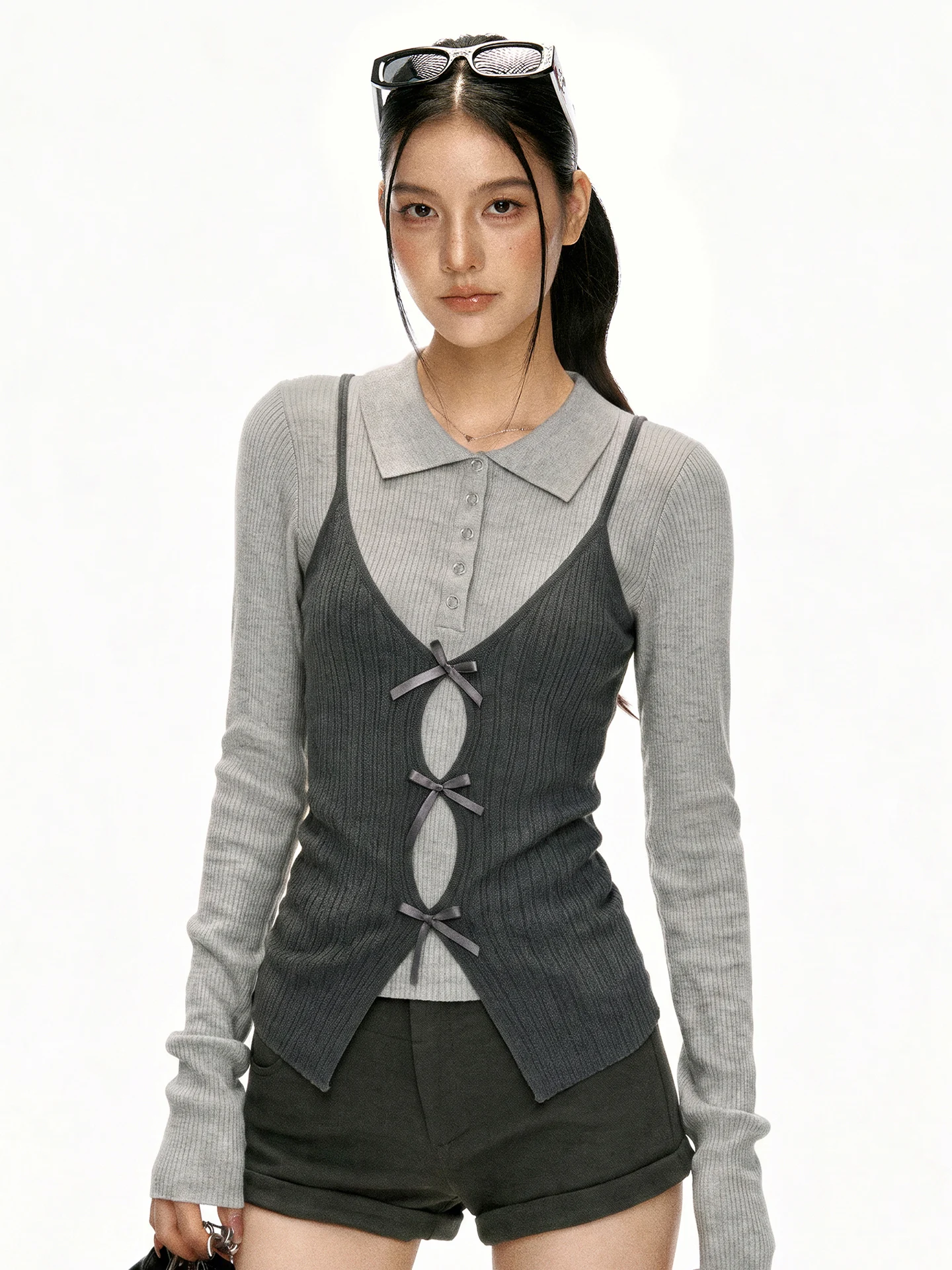 Aaisup Grey Long Sleeve Knitted Top Women's Slim Fit  Knot Strap on Top Casual Style Autumn Initial Fashion