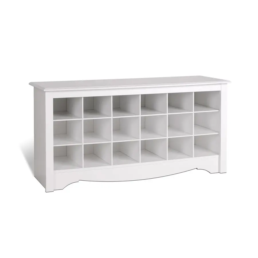 Zapatero blanco, banco de entrada, banco de organización y almacenamiento para habitación de barro con 18 cubículos para zapatos 16D x 48W x 24H