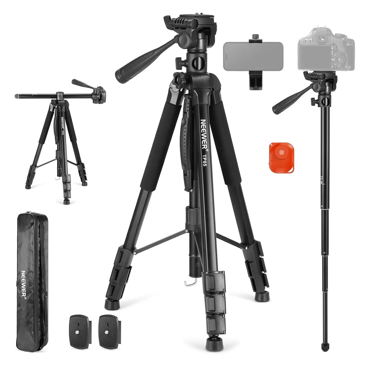

74" Professional Video Tripod with 3-Way Head, Remote Control & Phone Holder for DSLR Camera, Max Load 17.6lb