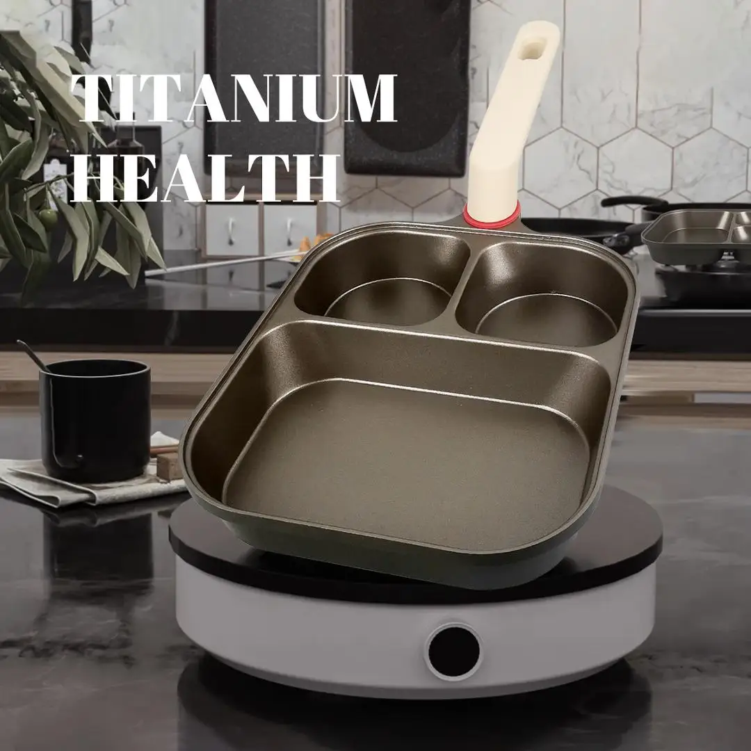 Sartén antiadherente para huevos de 3 tazas, sartén para panqueques de carne de titanimo, sartén para tortilla de desayuno de tres secciones, adecuada para todas las estufas