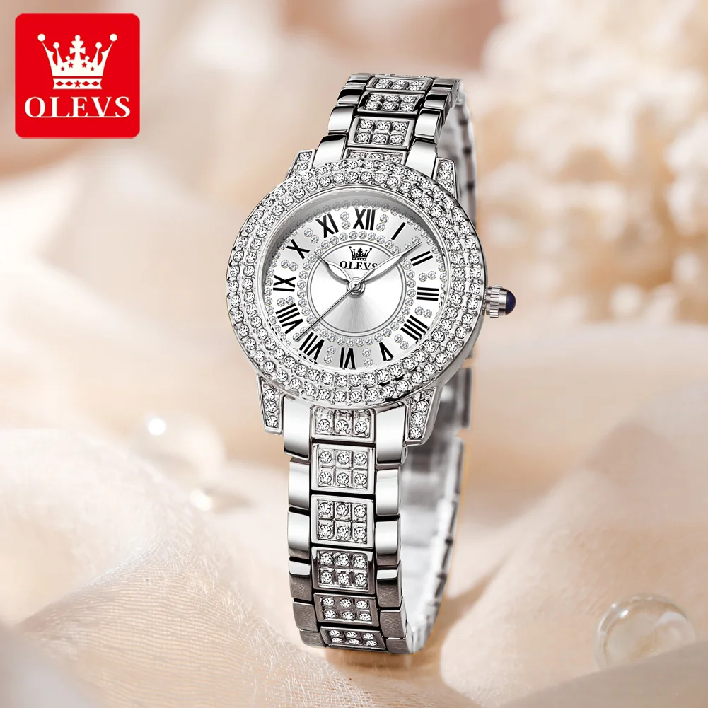 OLEVS 9943 Womens Watch Original Elegant Quartz Wristwatch Inlaid Zircon Dial Waterproof Ladies Watch Gifts Box Bracelet Set New