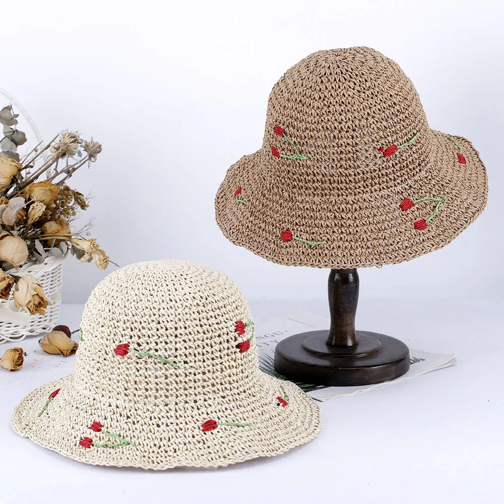 Women Sun Strawberry Woven Fisherman Hat Beach UV Resistant Caps Fresh Fashionable Bucket Breathable Straw Hat