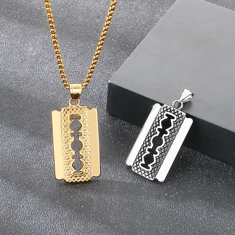 Hip-hop Blade Necklace Pattern Razor Stainless Steel Men's Fashion Pendant Silver Gold 24'' KP117767-LU