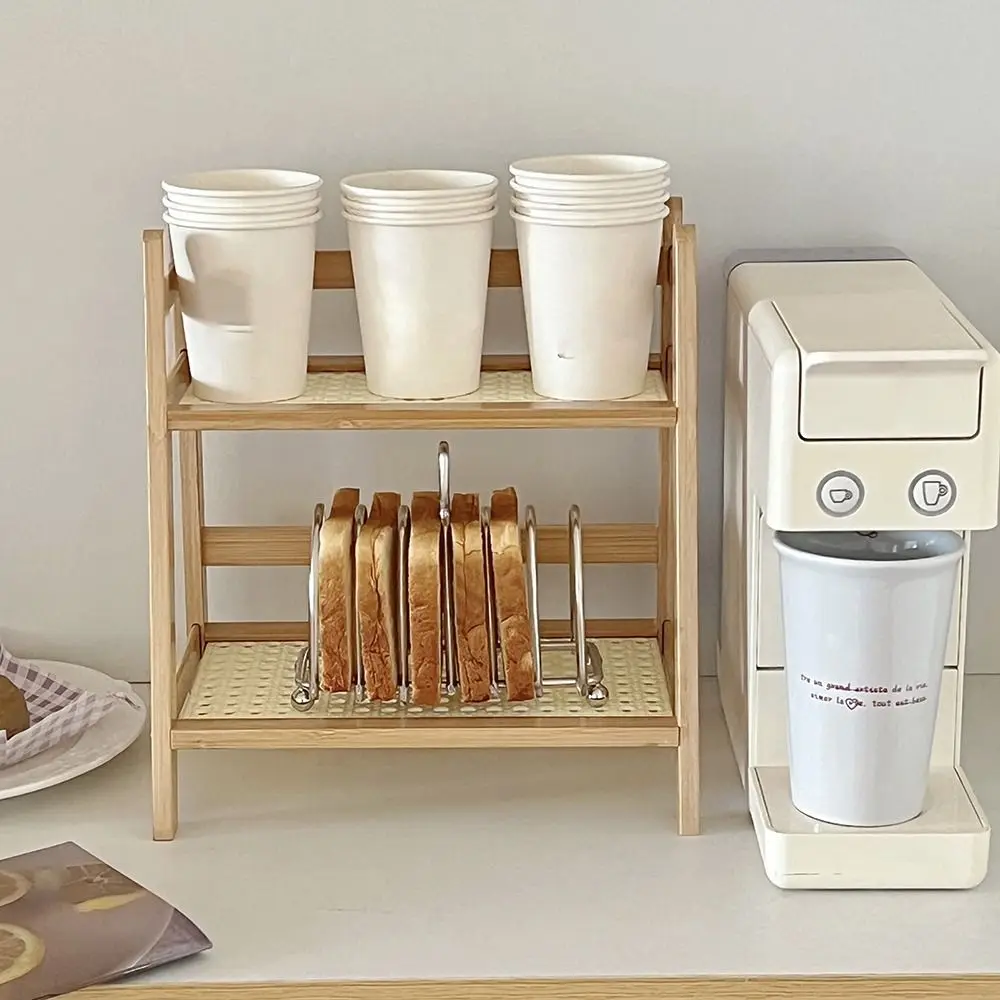 Holz-Aufbewahrungsregal, Rattan, 2-stufig, Schreibtisch-Organizer, Ausstellungsständer, multifunktionales stationäres Regal für Küche, Schlafzimmer, Büro