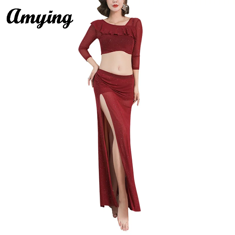 Sexy Belly Dance Costume Set for Women Long Sleeve Top and Split Long Skirt Stage Performance Suit Practice Outfit Four Seasons