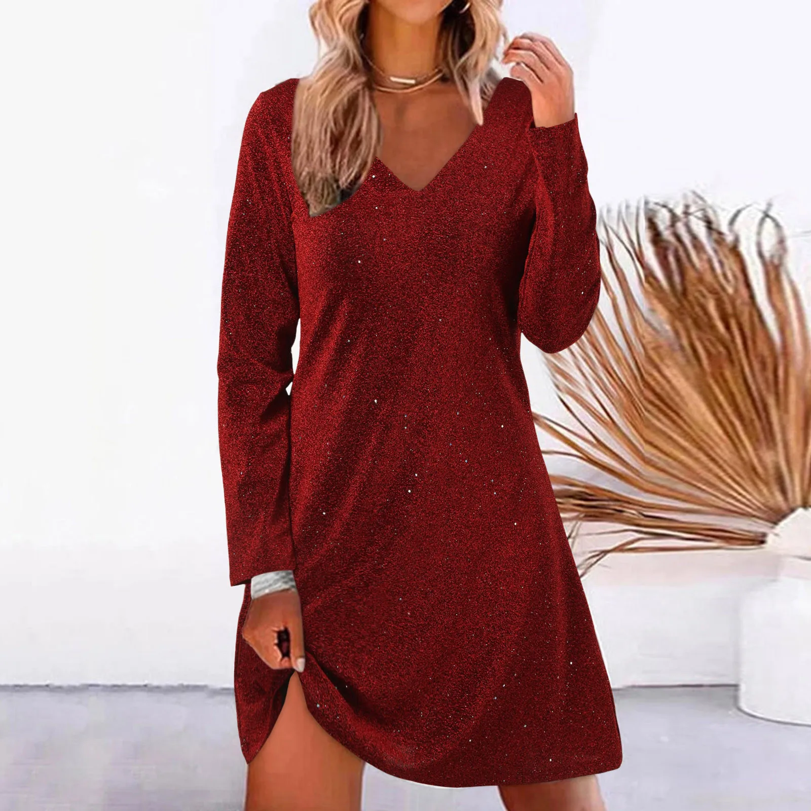 Women Evening Sequin Dress V Neck Fashion Long Sleeve Solid Color Sparkling Spring Autumn Elegant Cocktail Short Dresses Clothes