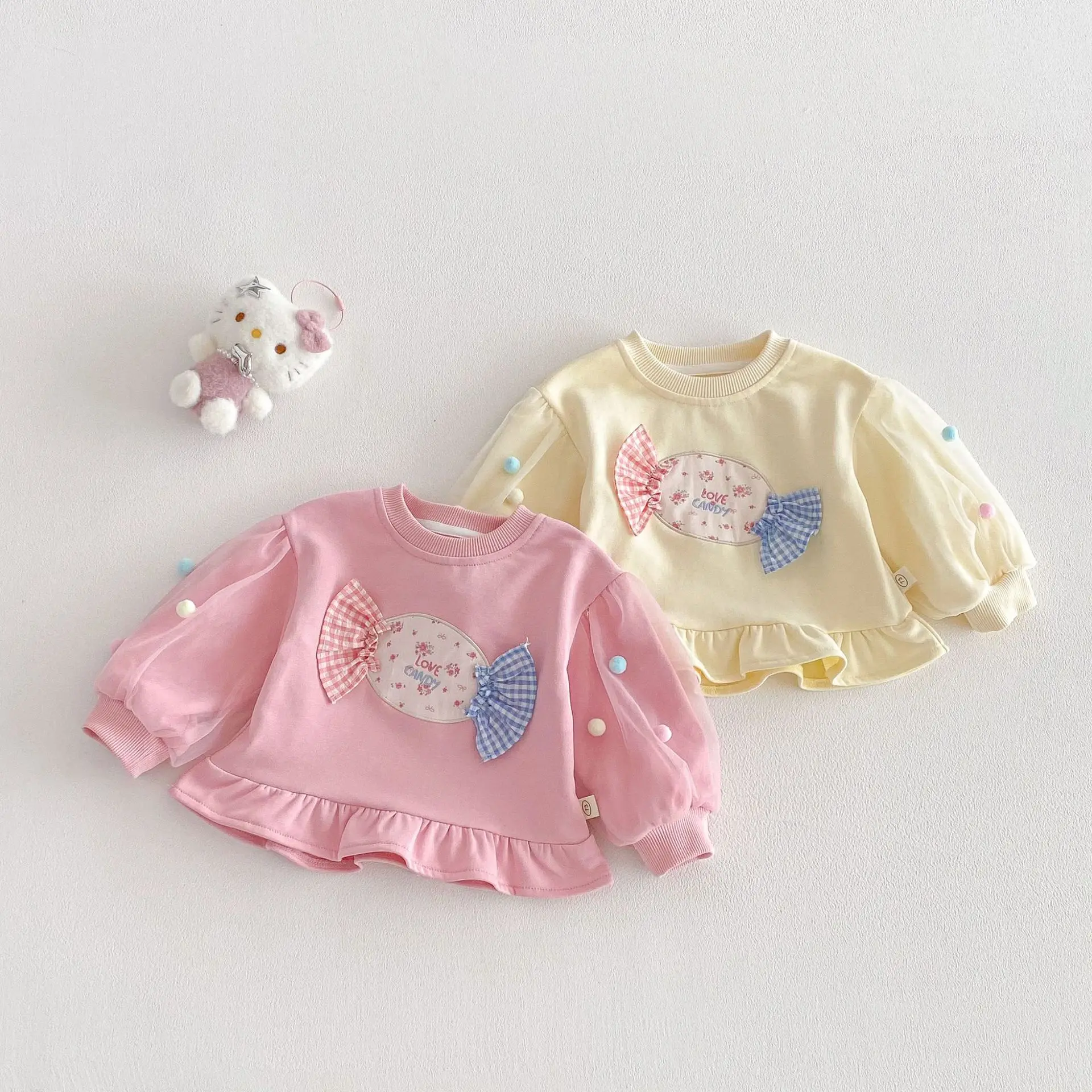 Girls Korean Sweatshirt 2026 New Spring Autumn Baby Mesh Ball Bottom Shirt Children Floral Top Trend