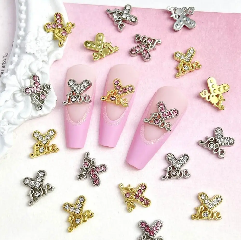 10Pcs Light Luxury Heart Letters Alloy Nail Art Decorations Mini Rhinestones Inlaid Gold Silver Mixed Shinny Nail Charms for DIY