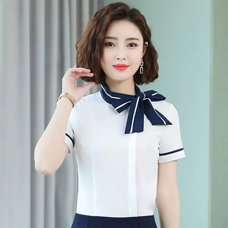 Oversize 4XL Spring Summer Women's Office Lady Formal Party Elegant Long Sleeve Bow Tie Neck Slim Blouse Casual White Shirt Tops