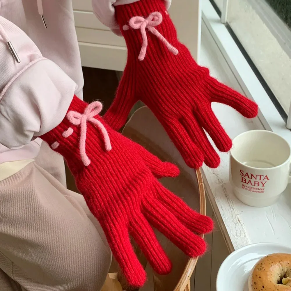 Winter Bow Knitted Gloves Men Women Touch Screen Cold-proof Warm Full Finger Gloves Korean Style All-match Cycling Gloves