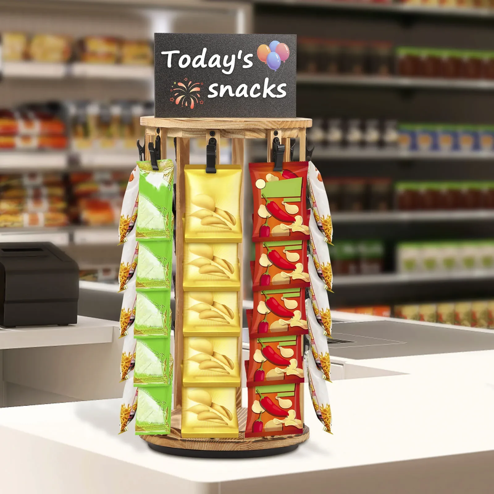 Snack Display Rack with 360°Rotating Wooden Base Easy Install Chip Rack Display Stand Space Saving Snack Bag Holder Organizer