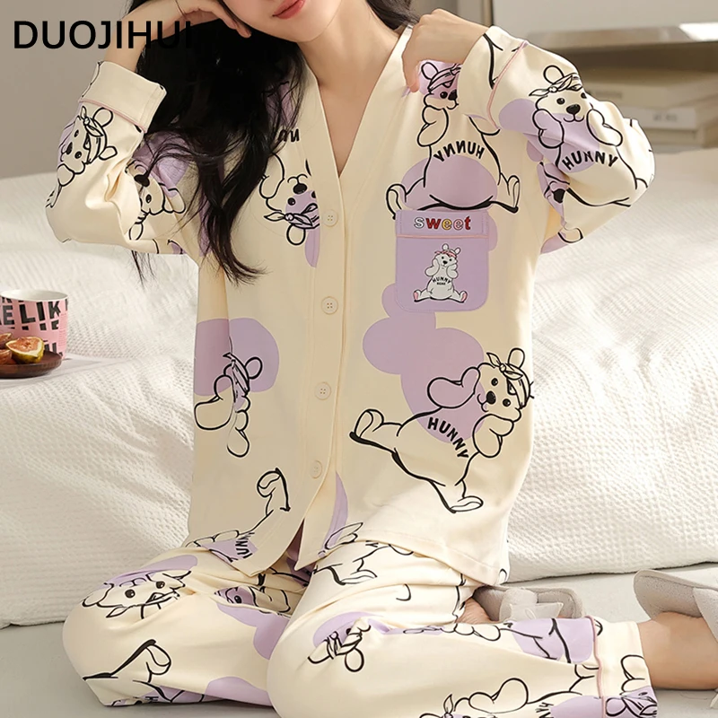 DUOJIHUI Chic with Chest Pad Casual Home Pajamas for Women Autumn New V-neck Cardigan Basic Pant Loose Simple Female Pajamas Set